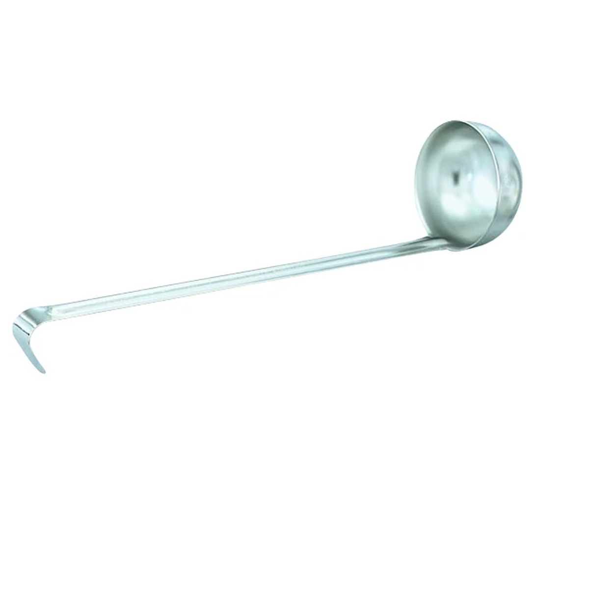 Vollrath 46810 stainless steel economy ladle with hooked handle, side profile view