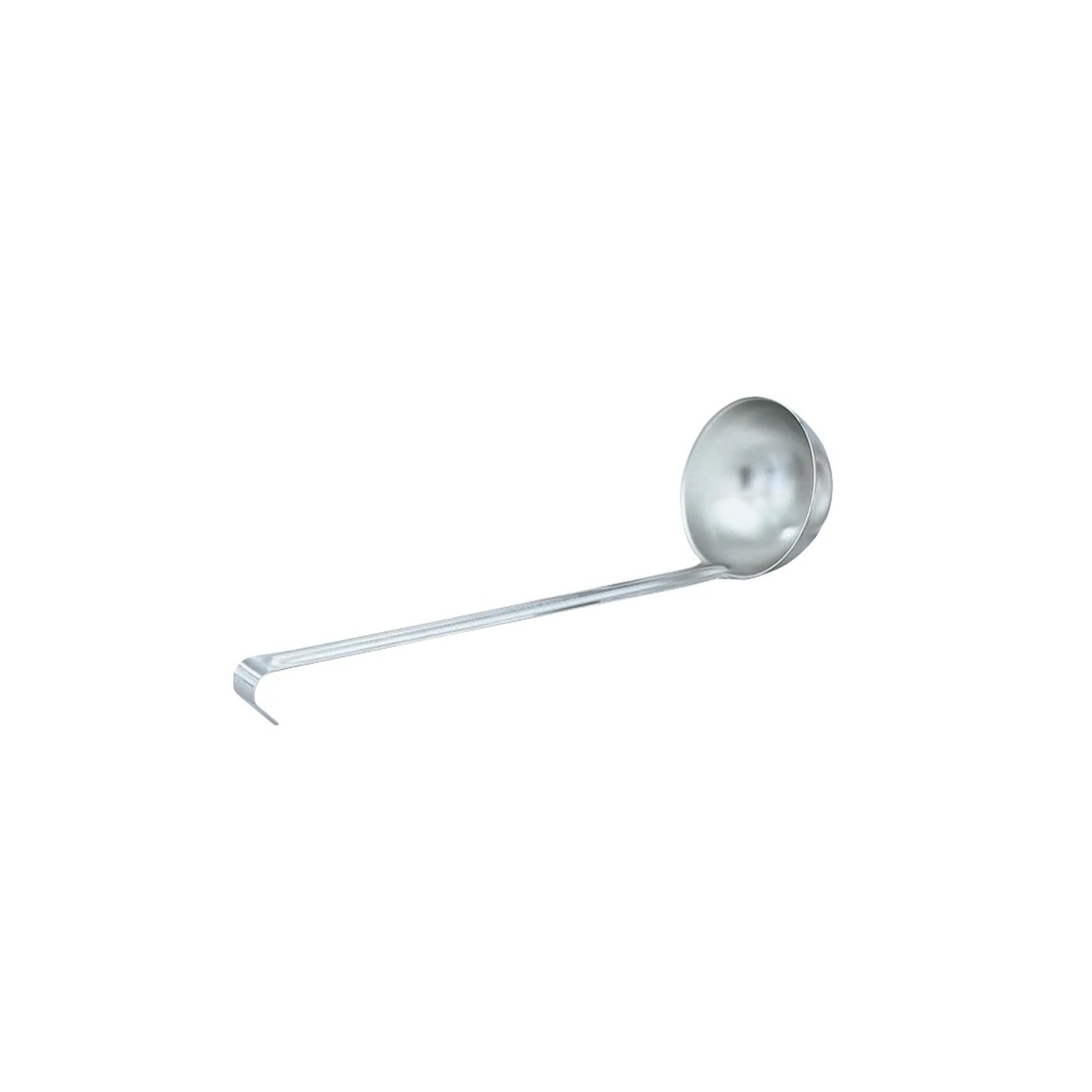 Vollrath 46810 stainless steel economy ladle showing hooked handle end and rounded bowl