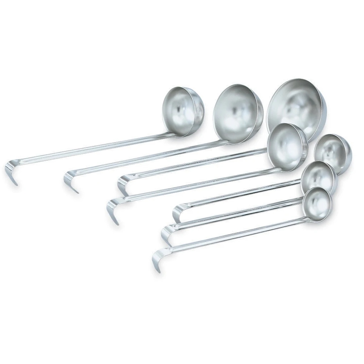 Assortment of Vollrath economy stainless steel one-piece ladles in multiple sizes displayed on white background