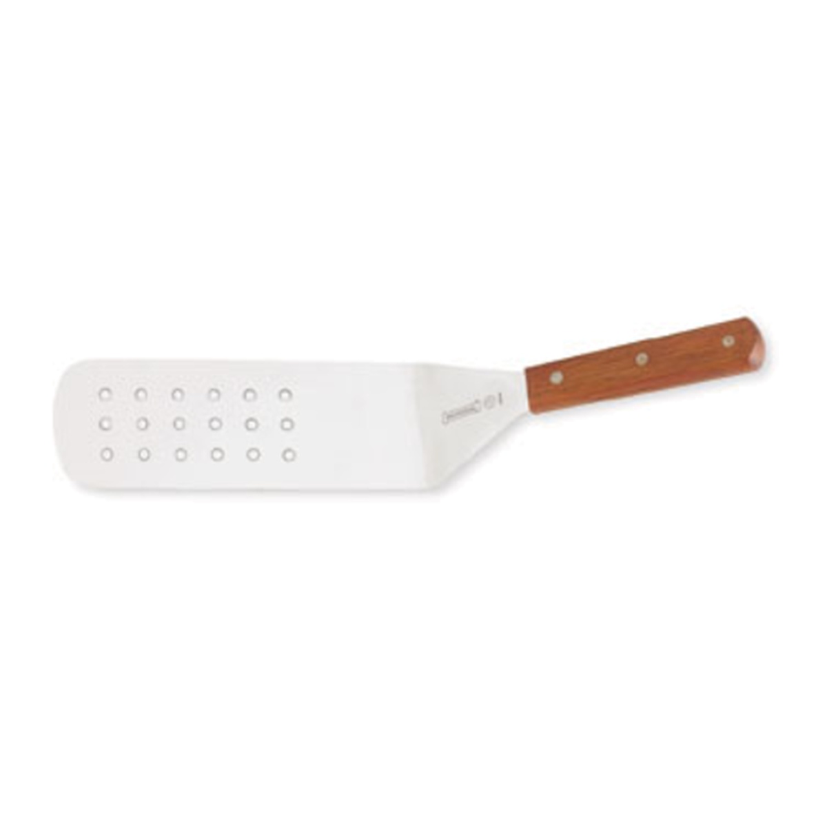 Mundial 4681M perforated stainless steel turner with riveted wood handle, 8 inch by 3 inch blade