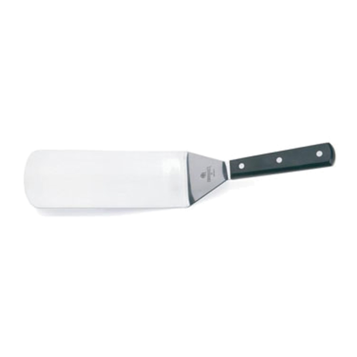 Mundial 4685BW solid stainless steel turner with black wood handle and offset blade