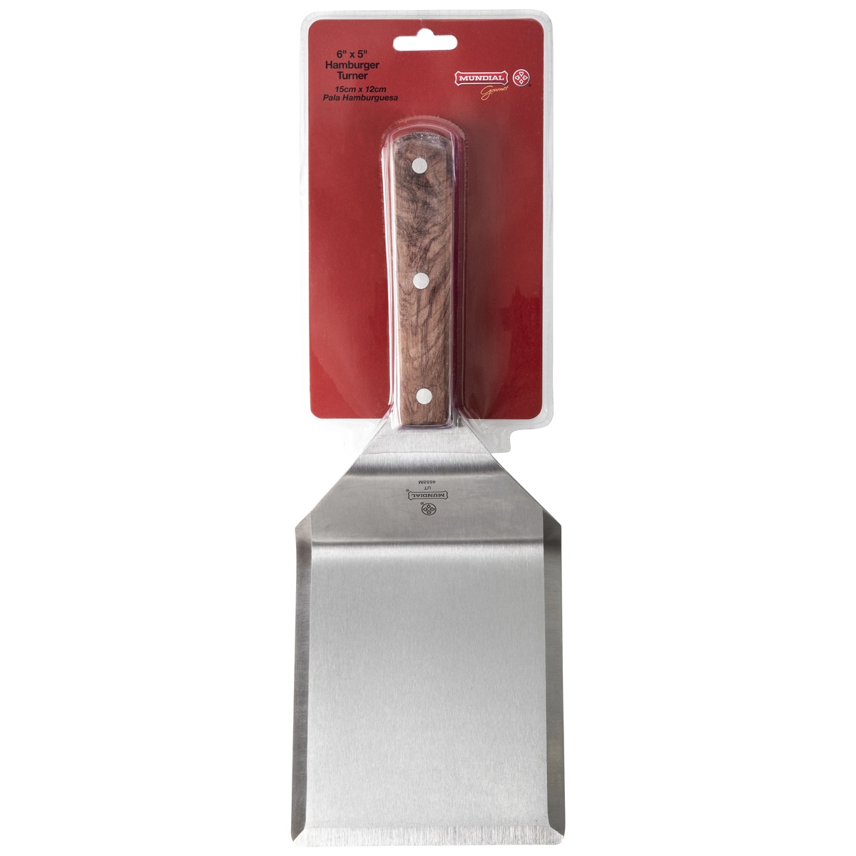 Mundial 4688M turner spatula shown in retail packaging with wood handle detail