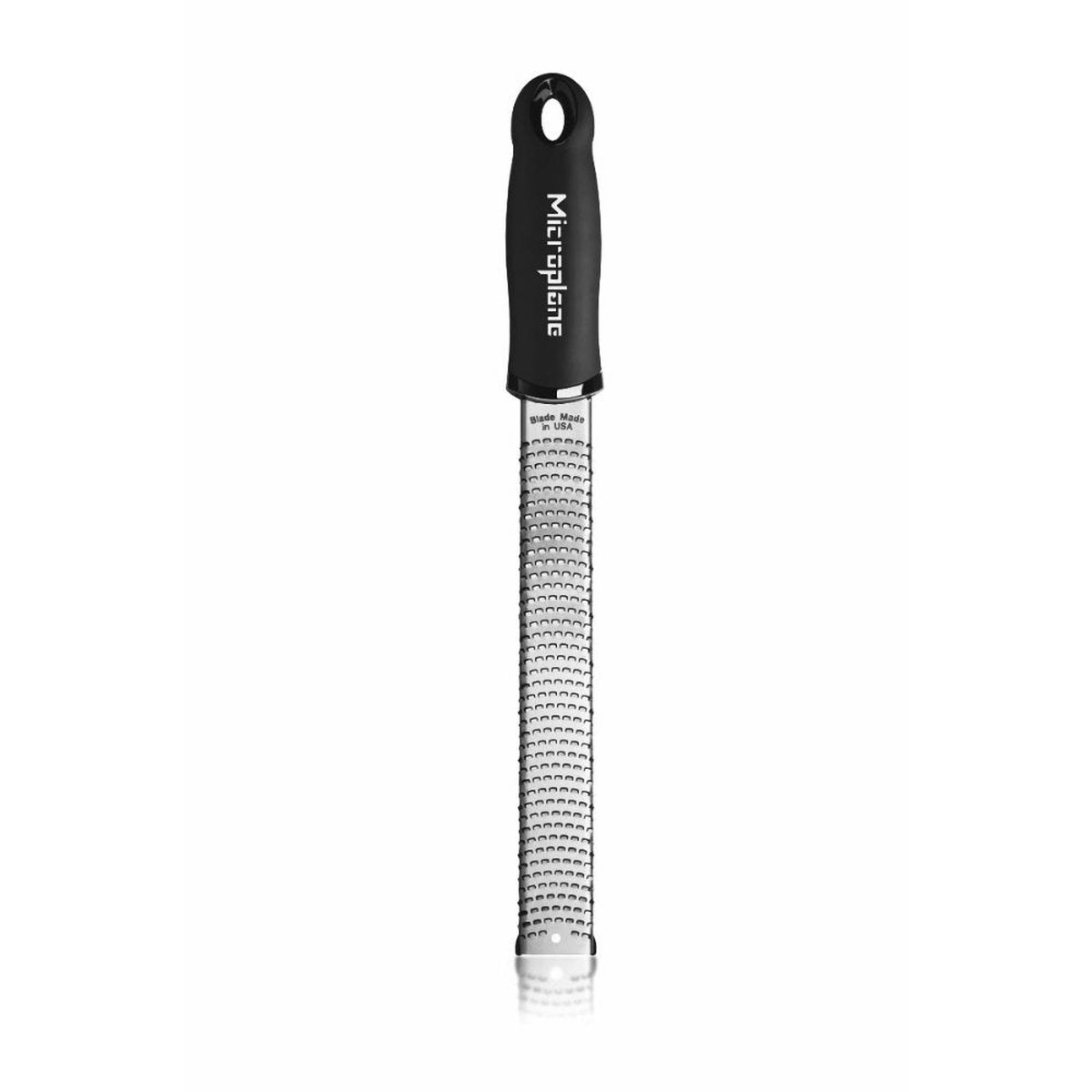 Microplane 46901 Premium Classic Series Zester Grater with black rubber handle and stainless steel blade on white background