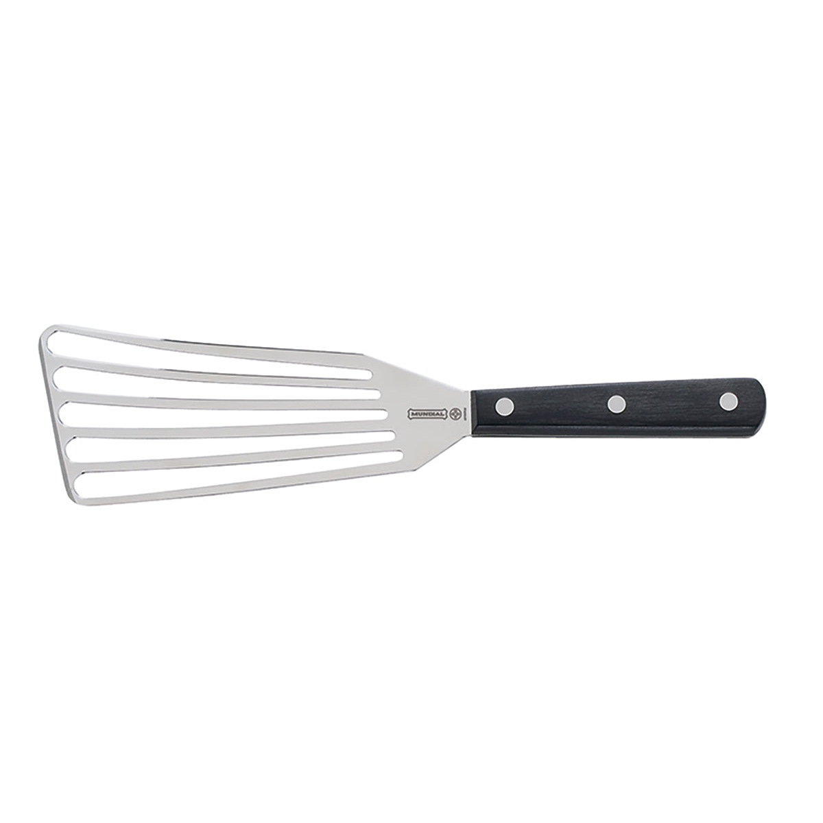 Mundial 4690BW slotted fish turner with stainless steel blade and black riveted handle on white background