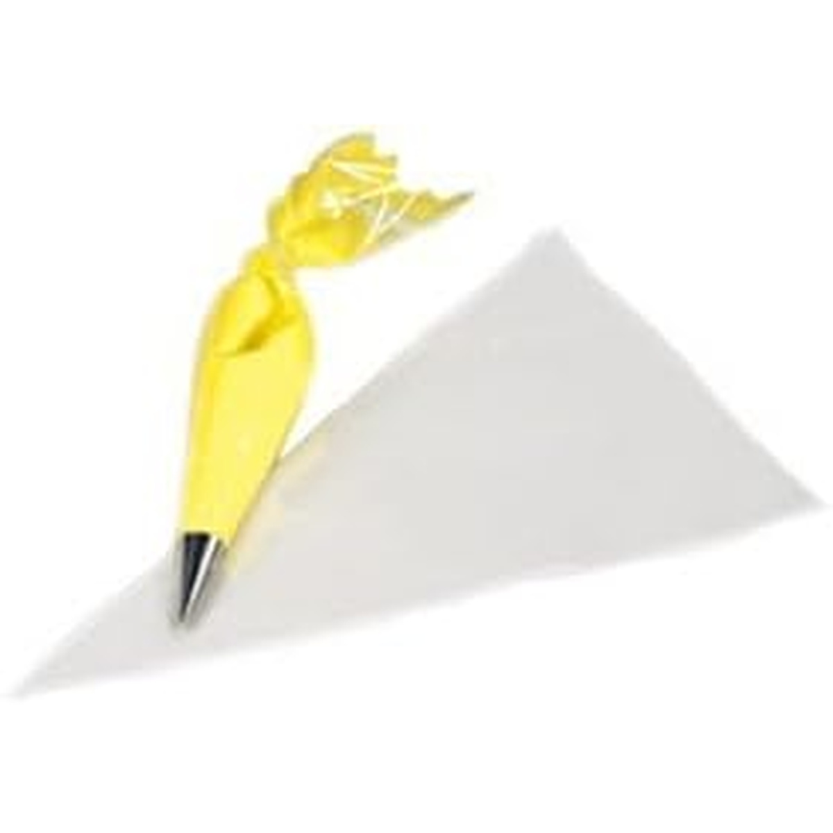 Ateco 18-inch clear disposable pastry bag with metal piping tip and yellow tie