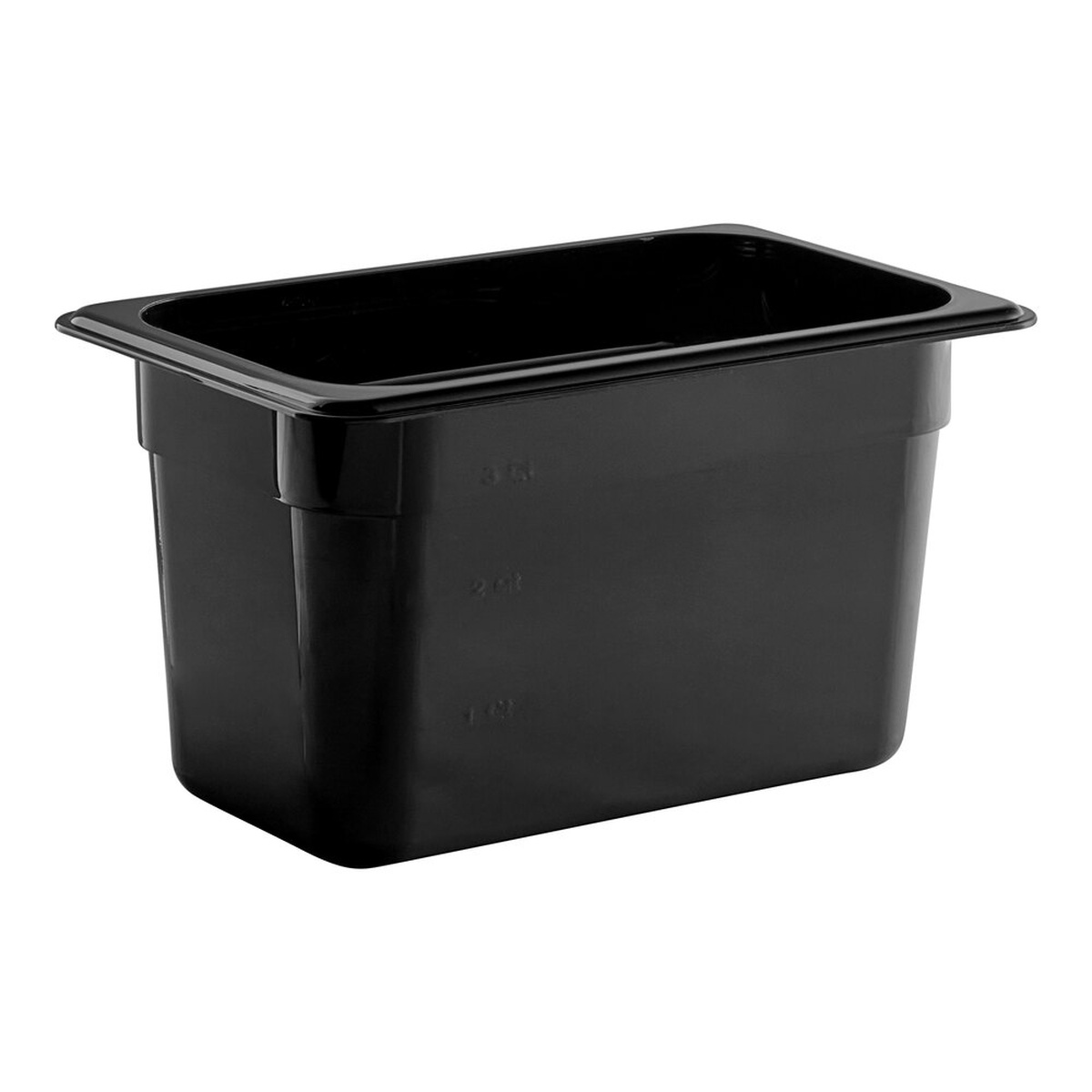 Cambro 46CW110 quarter-size black polycarbonate food pan, 6 inches deep, with molded-in measurement graduations visible on the interior wall