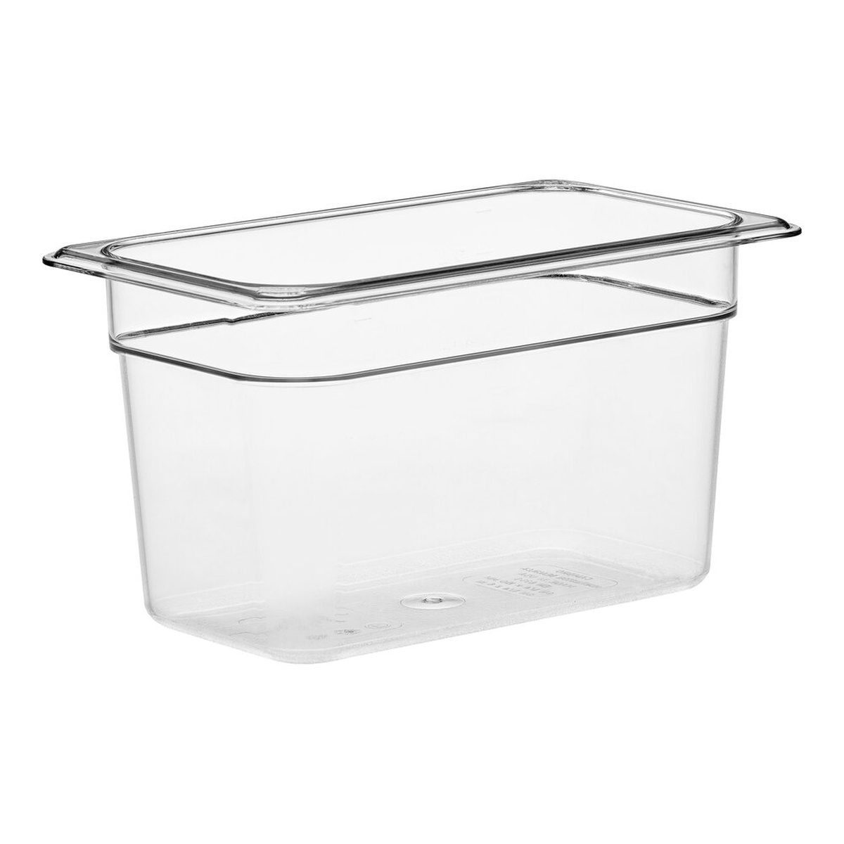 Cambro 46CW135 clear polycarbonate 1/4 size food pan, 6 inches deep, shown from a three-quarter angle on white background