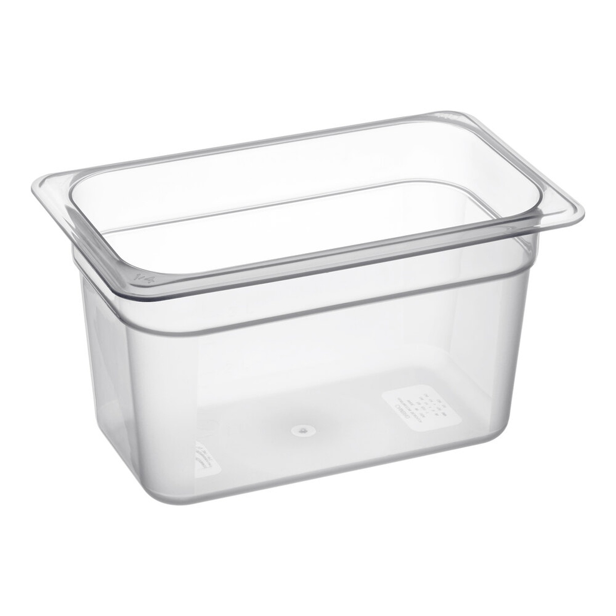 Cambro 46PP190 translucent quarter-size 6-inch deep polypropylene food pan, angled view showing uniform flange rim and clear sidewalls