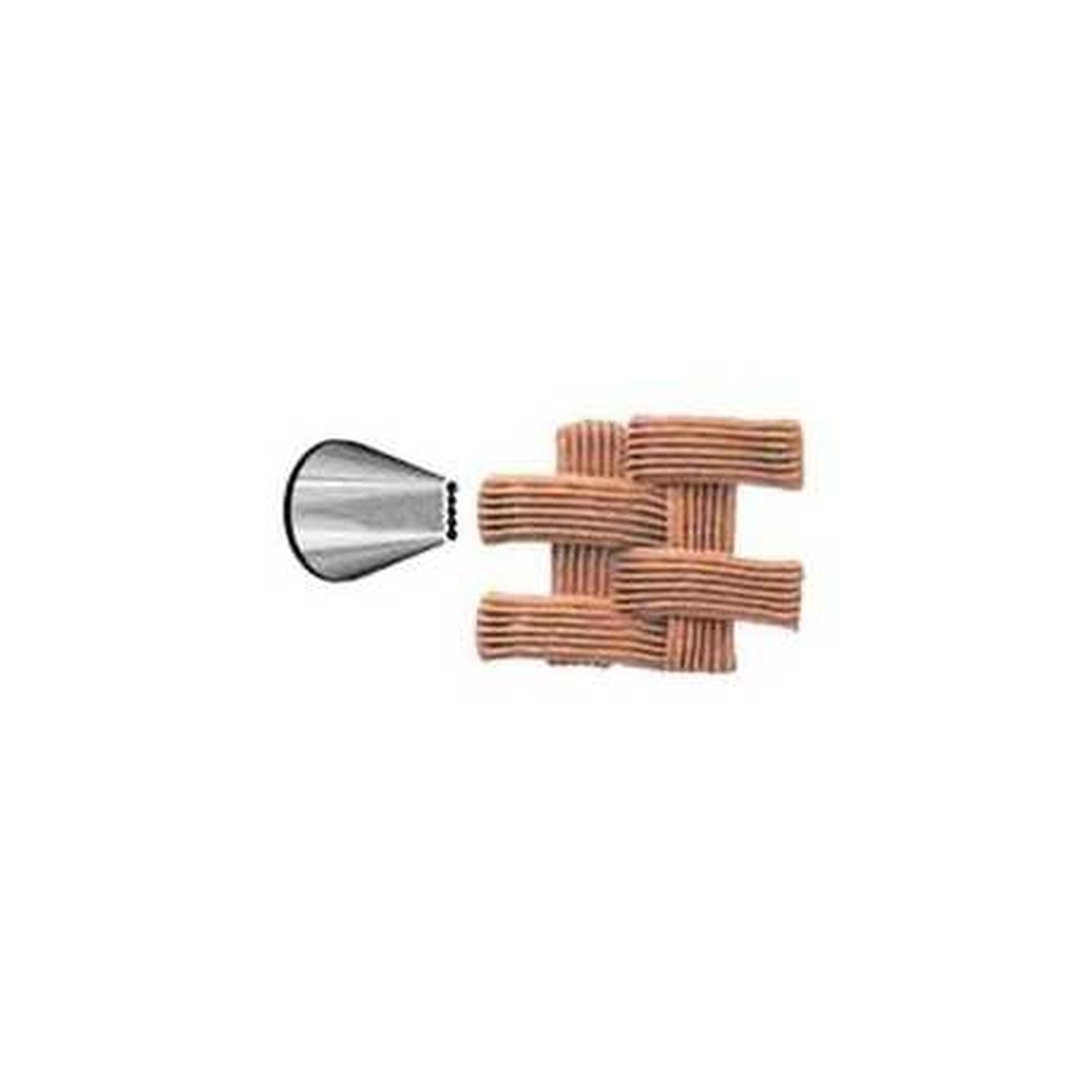 Ateco 47 stainless steel basketweave piping tip shown next to a piped basketweave frosting pattern sample