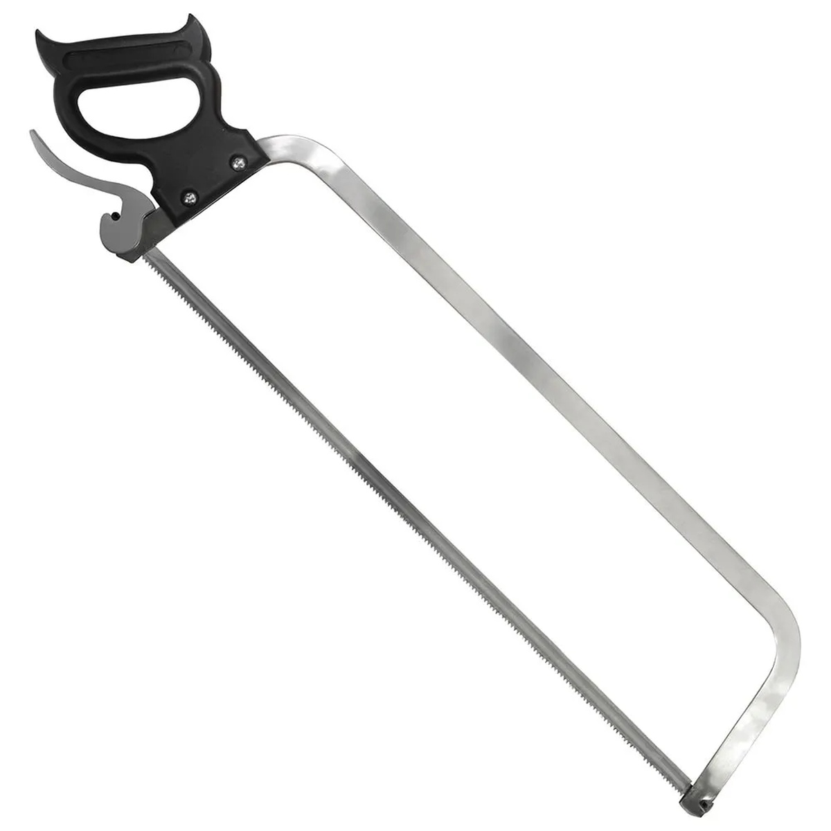 Weston 25-inch stainless steel butcher meat saw with ergonomic handle and trigger lock on white background