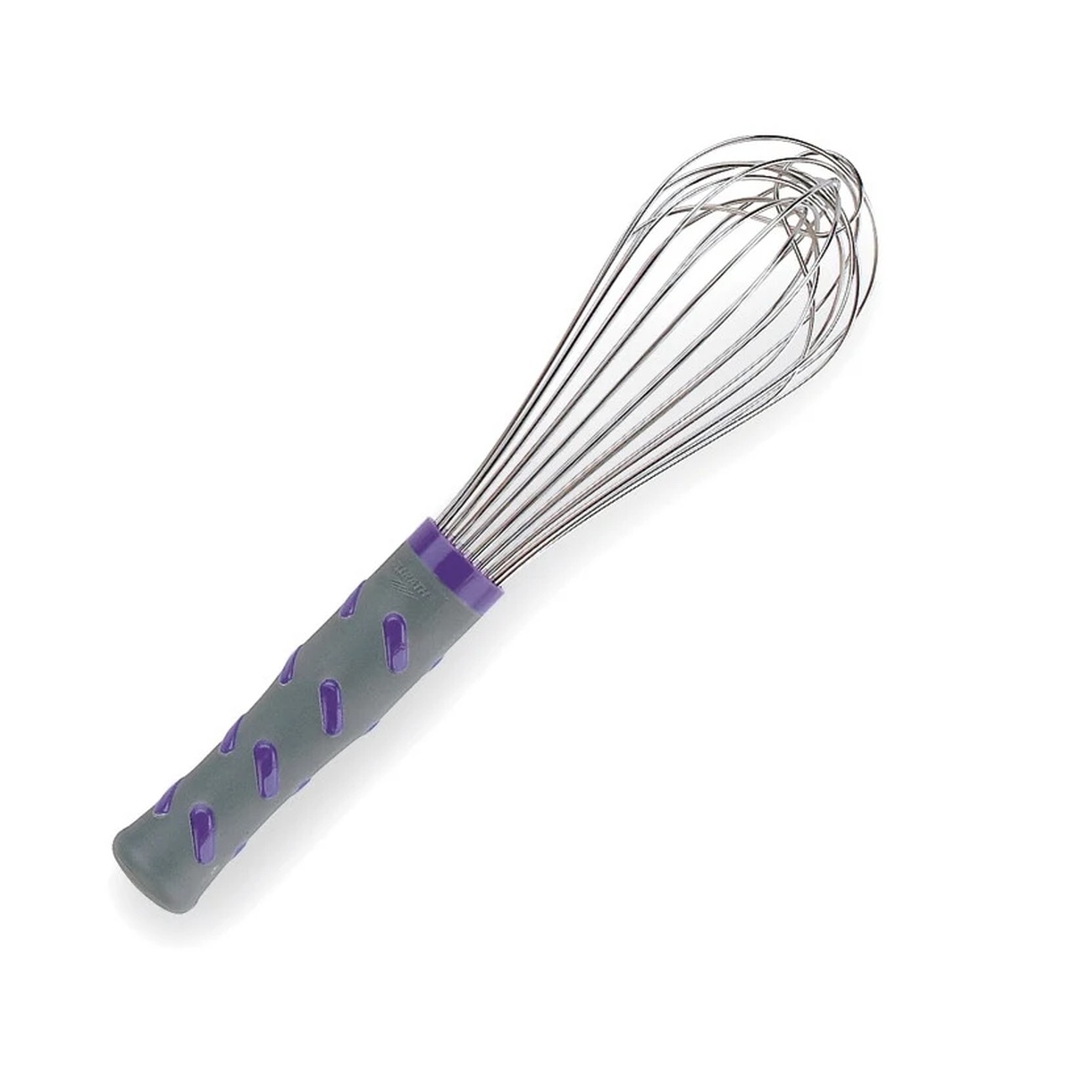 Vollrath 47002 10-inch piano whip with gray nylon handle and purple comfort nubs, stainless steel wires