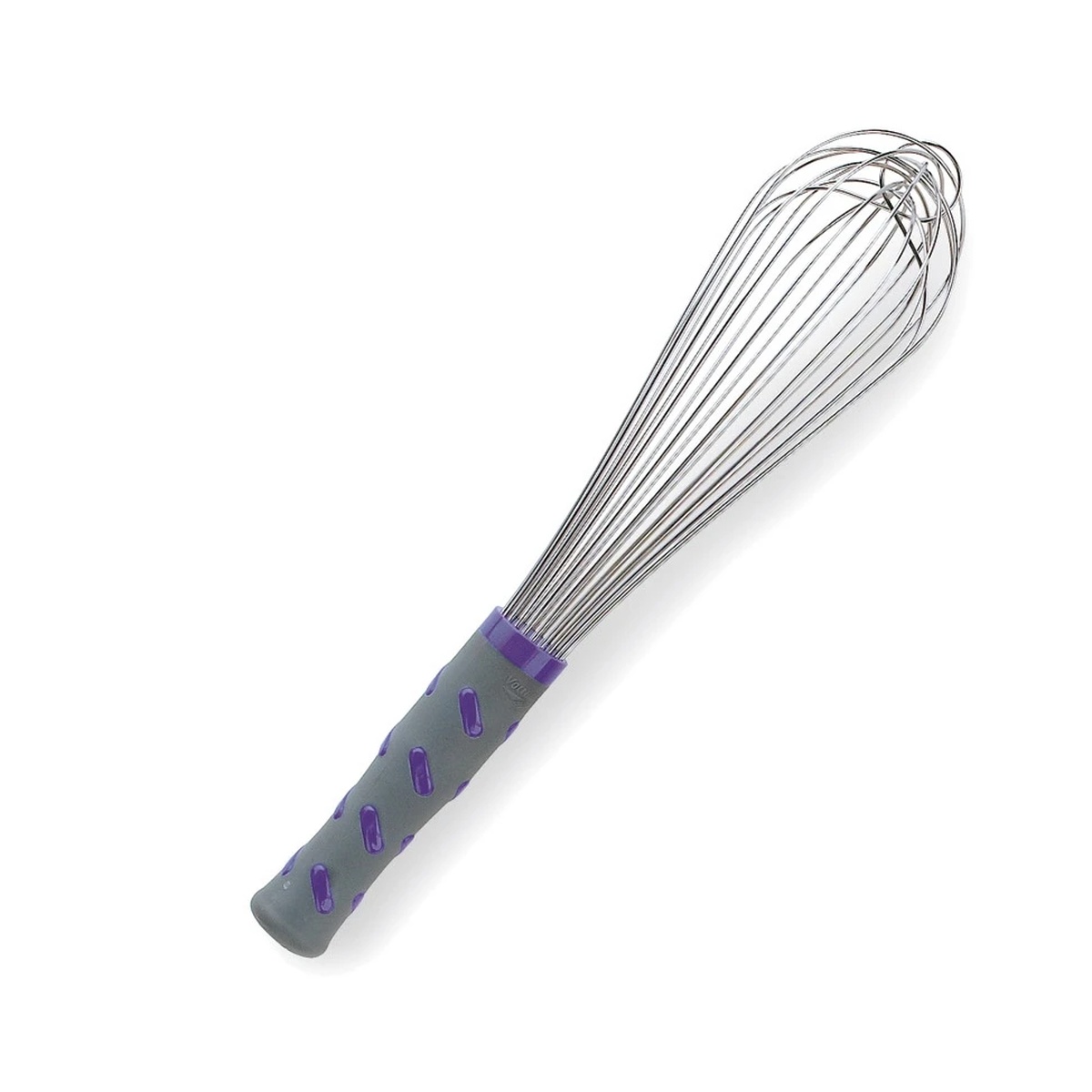 Vollrath 47003 12-inch piano whip with stainless steel wires and gray nylon handle featuring purple ergonomic grip nubs