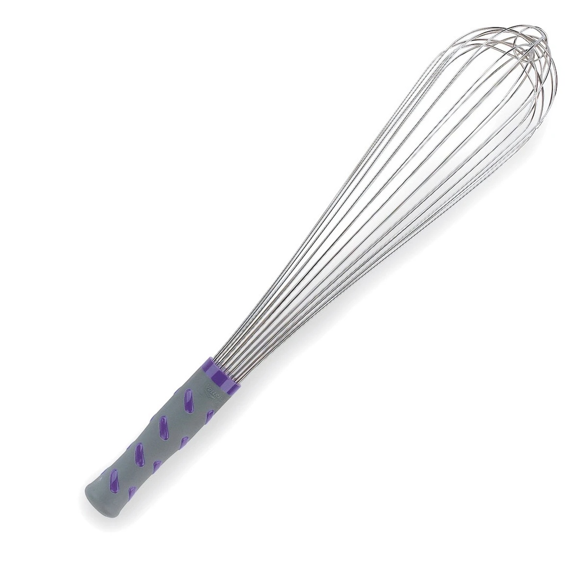 Vollrath 47005 16-inch stainless steel piano whip with gray nylon handle and purple grip nubs
