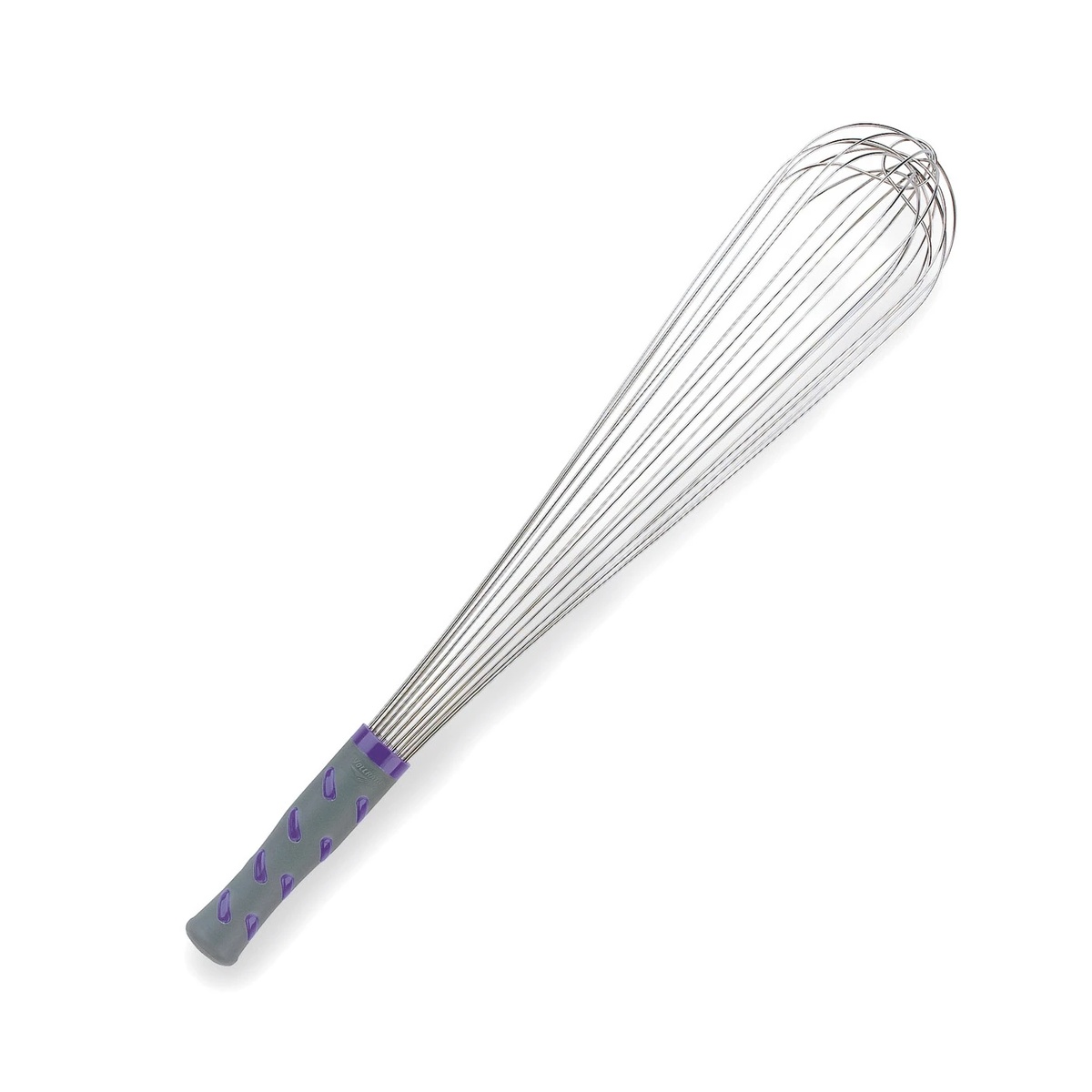 Vollrath 47006 18-inch stainless steel piano whip with gray nylon handle and purple comfort grip nubs
