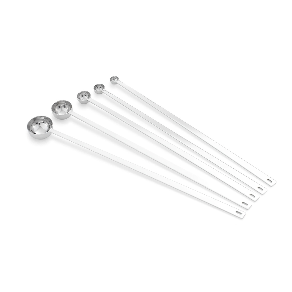 Vollrath 47031 five-piece stainless steel long-handle measuring spoon set fanned out showing graduated bowl sizes and hang holes