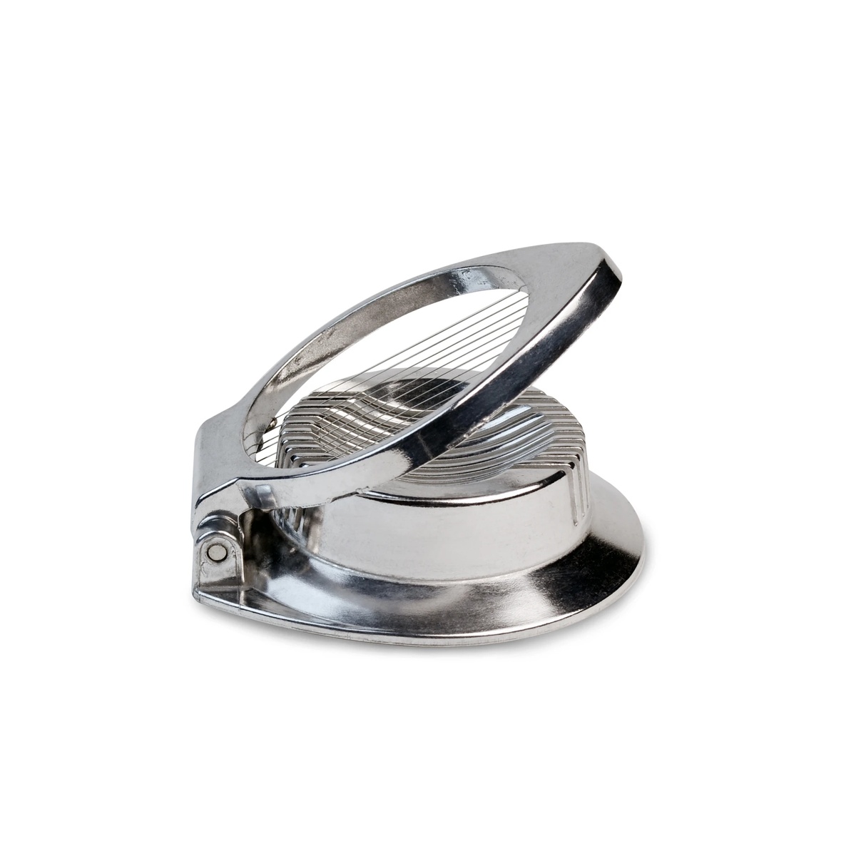 Vollrath 47040 cast-aluminum egg slicer open, showing 10 cutting wires and hinged base