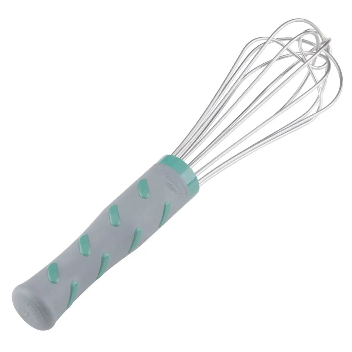 Vollrath 47091 12-inch French whip with gray nylon handle and aqua comfort nubs on white background