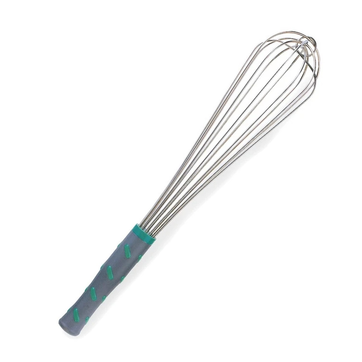 Vollrath 47093 16-inch French whip with gray nylon handle and aqua comfort nubs, angled view