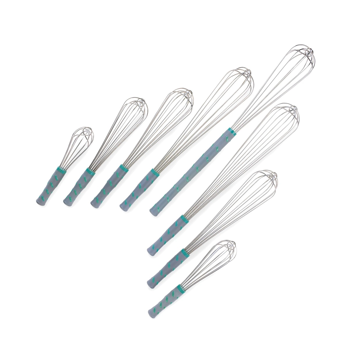 Vollrath Jacob's Pride French whips shown in multiple sizes with matching gray and aqua nylon handles
