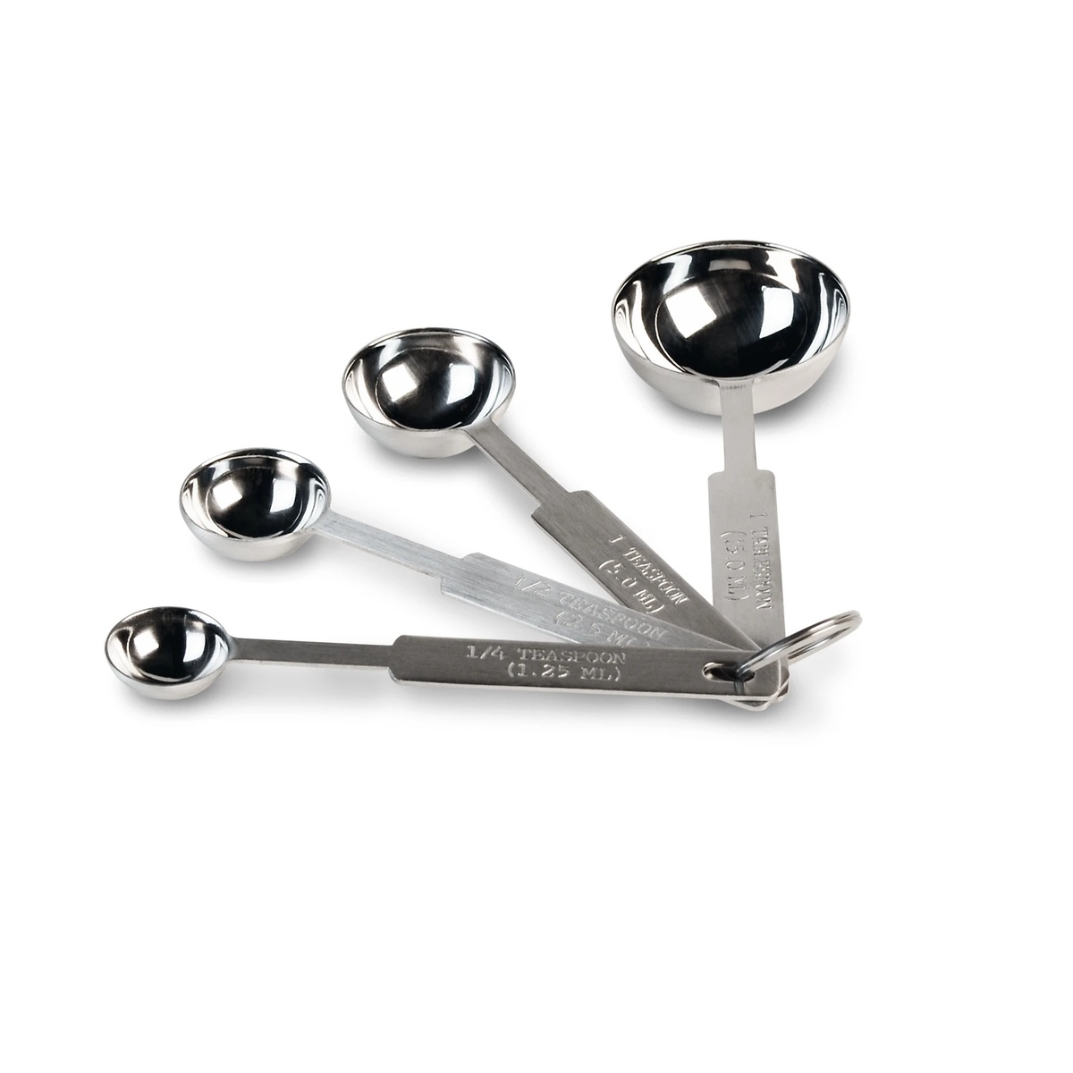 Vollrath 47118 four-piece stainless steel measuring spoon set fanned out on a ring showing stamped measurement labels