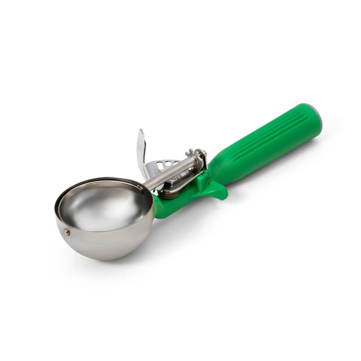 Vollrath 47142 green-handled thumb press disher with stainless steel bowl, front angle view