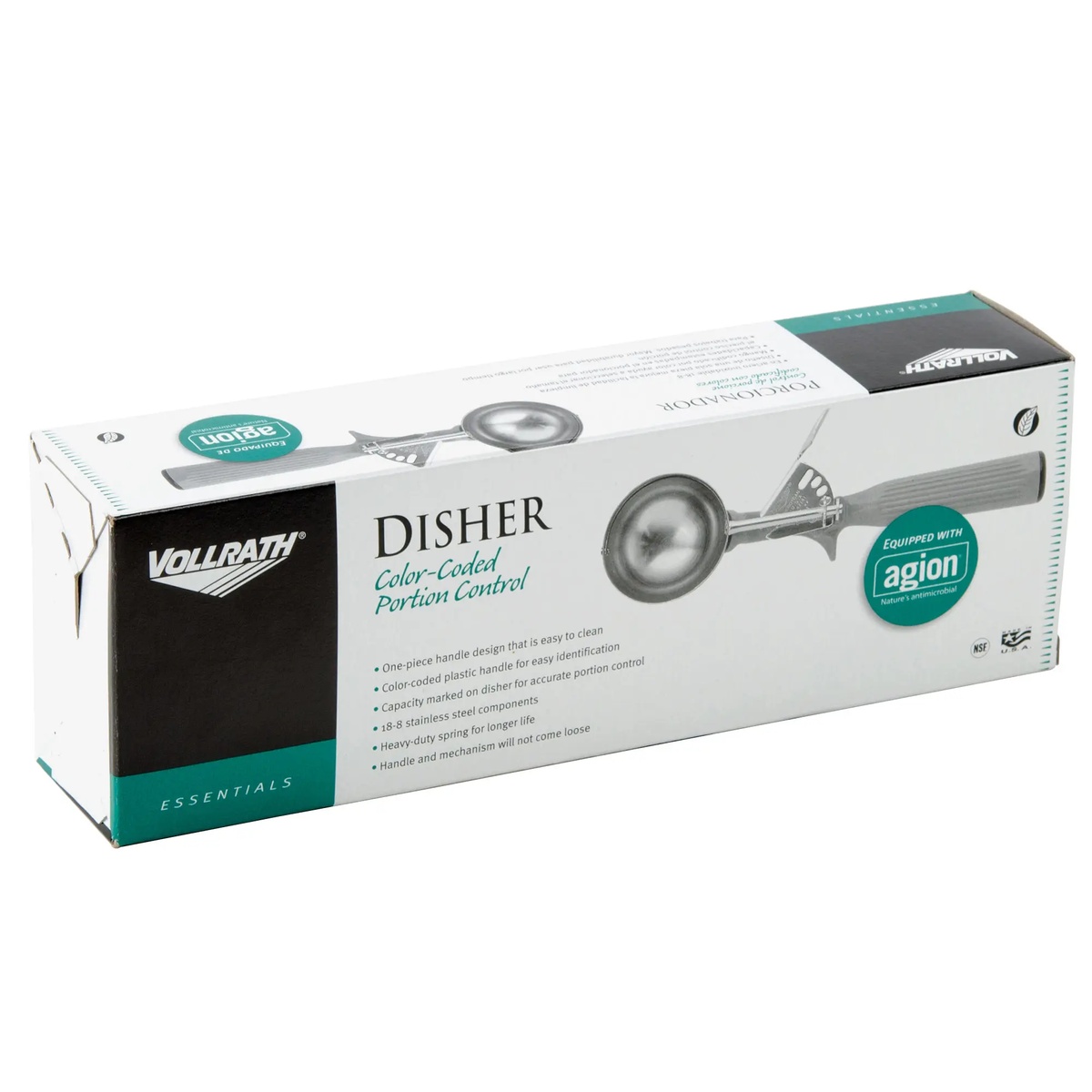 Vollrath Essentials disher retail packaging box showing color-coded portion control disher and Agion antimicrobial badge