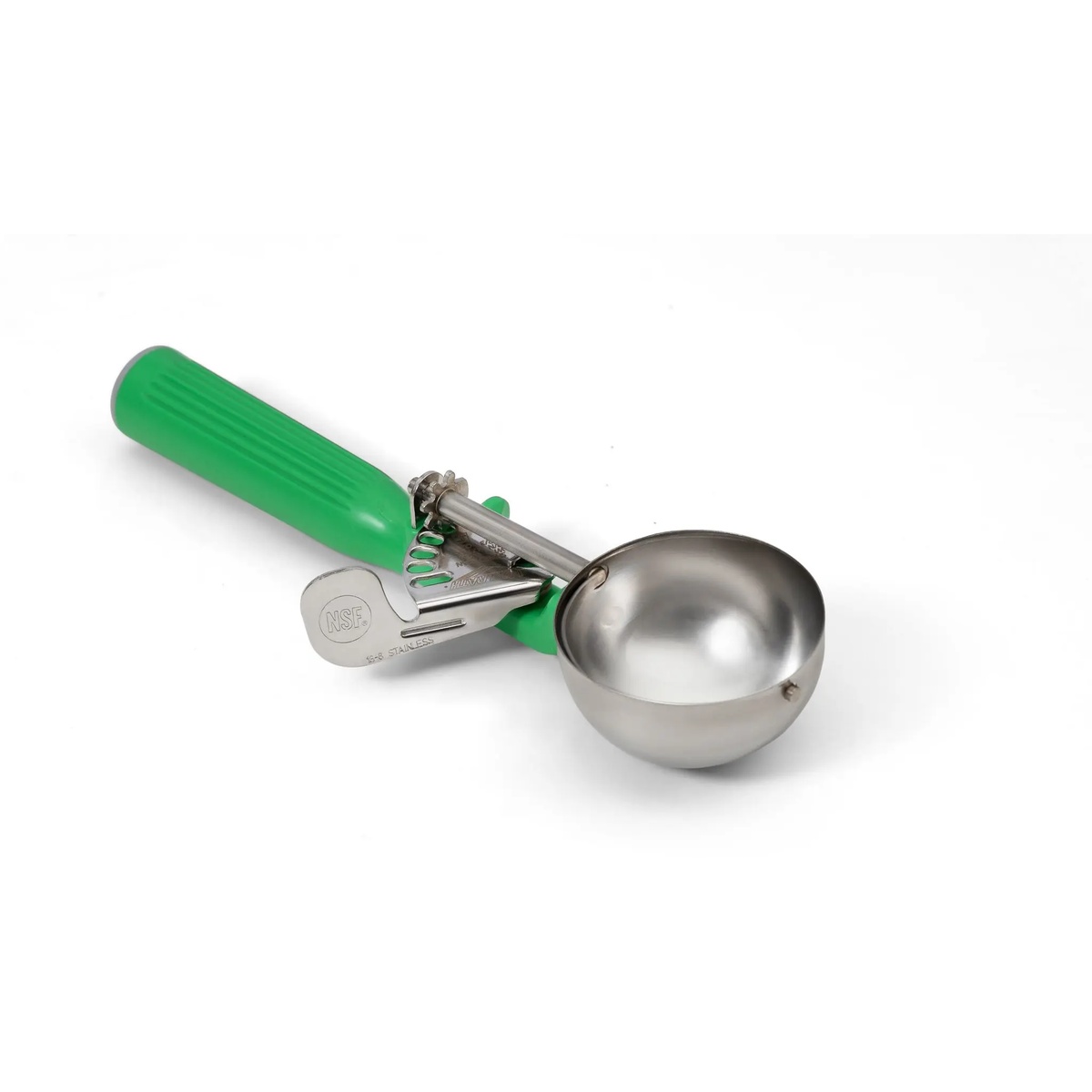 Vollrath 47142 disher showing NSF stamp on thumb lever and stainless steel spring mechanism
