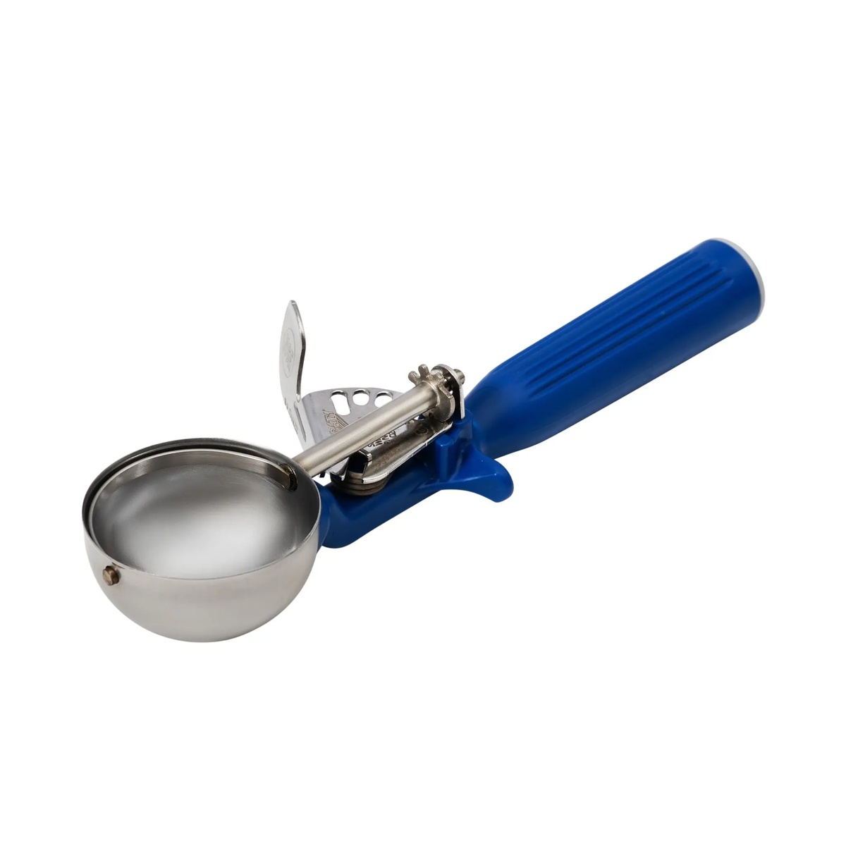 Vollrath 47143 dark blue handle disher showing stainless steel bowl and release blade mechanism