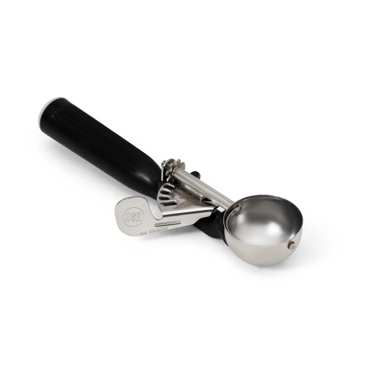 Vollrath 47146 disher reverse angle showing NSF certification stamp on stainless steel thumb lever
