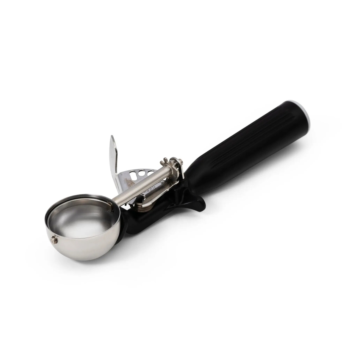 Vollrath 47146 #30 black-handled thumb press disher with stainless steel bowl, angled overhead view