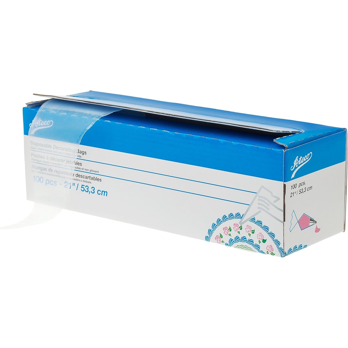 Ateco 4721 disposable decorating bags retail box showing 100 pcs 21-inch size