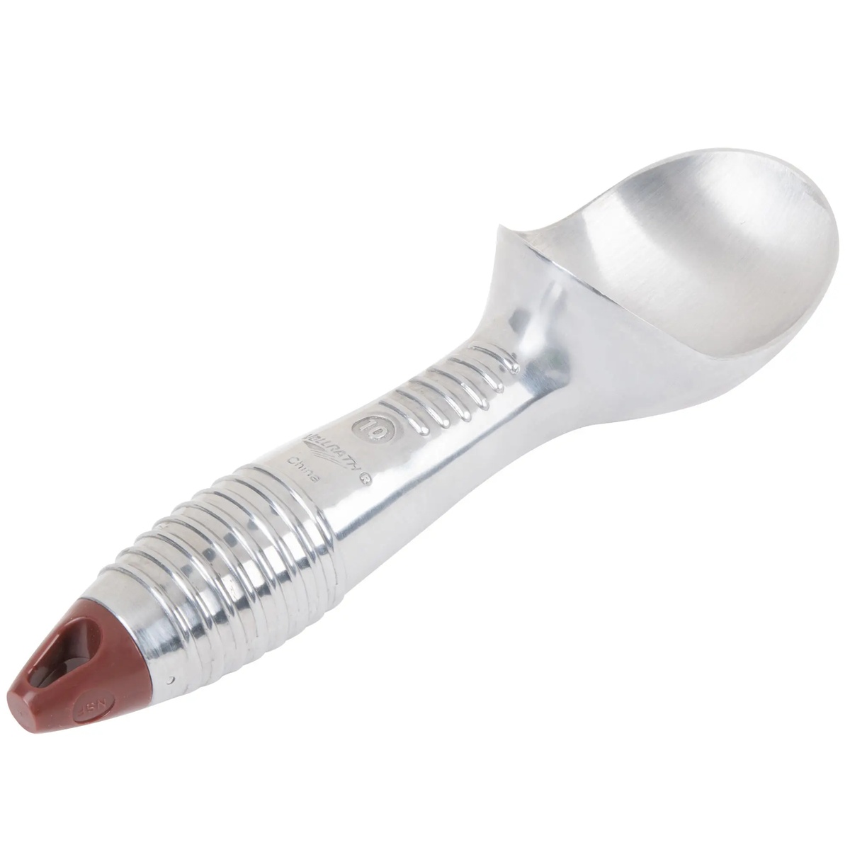 Vollrath 47274 4-ounce cast aluminum ice cream scoop with brown end cap and textured handle