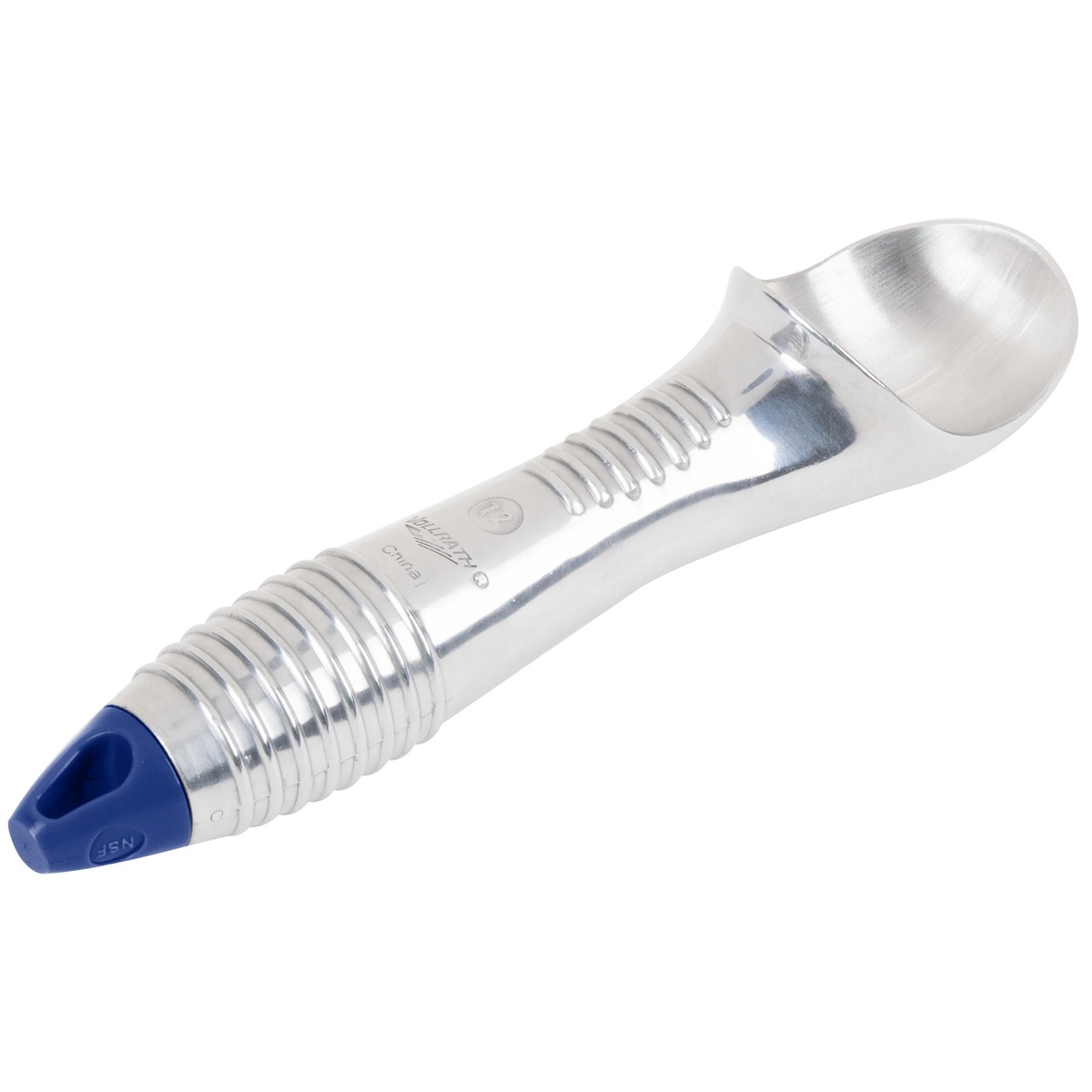 Vollrath 47275 cast aluminum ice cream scoop with ergonomic ribbed handle and blue NSF-marked end cap