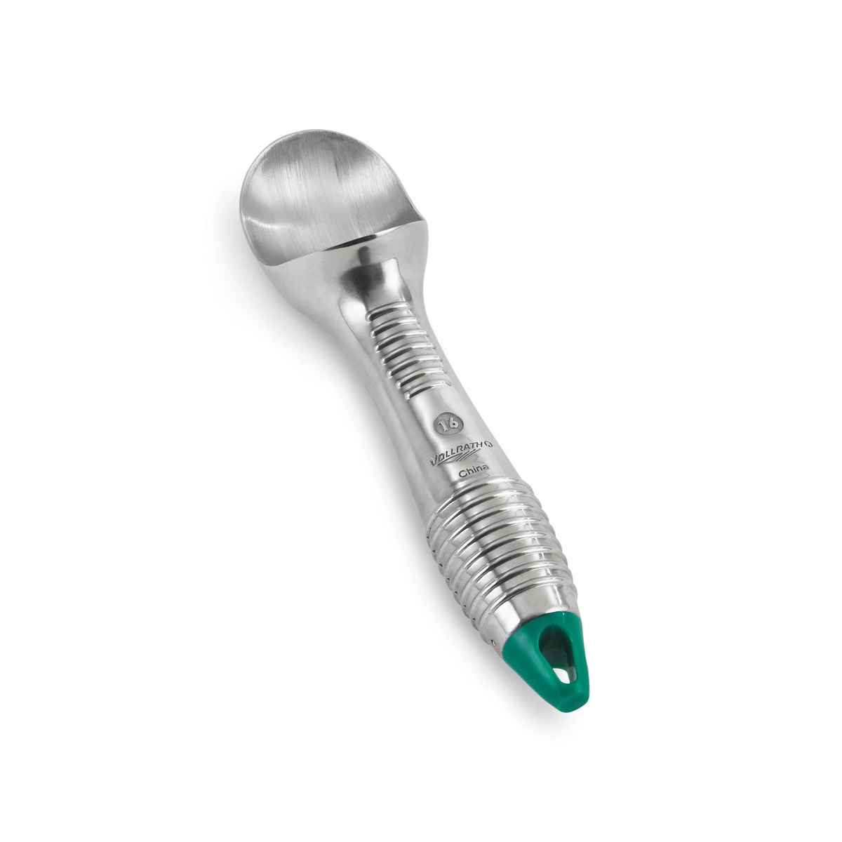 Vollrath 47276 aluminum ice cream scoop with green color-coded end and textured ergonomic handle