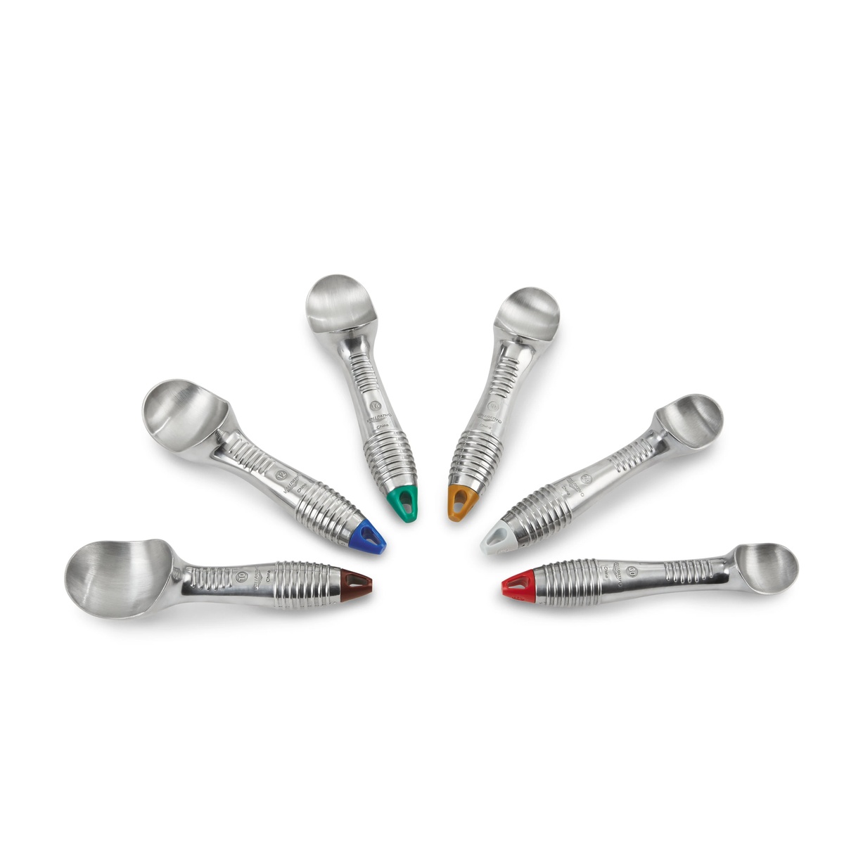Vollrath aluminum ice cream scoop family showing multiple color-coded handle variants in a fan arrangement