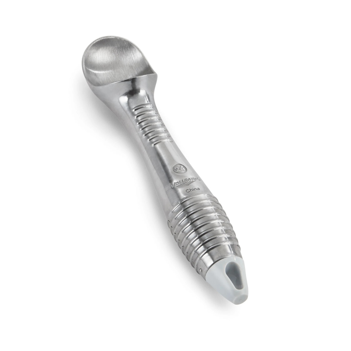 Vollrath 47278 #24 silver aluminum ice cream scoop with gray end cap and textured grip
