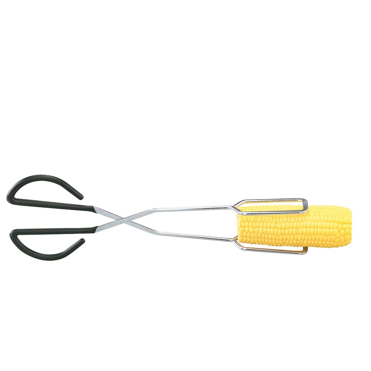 Vollrath 47325 15-inch Kool-Touch scissor tongs gripping a corn cob against a white background