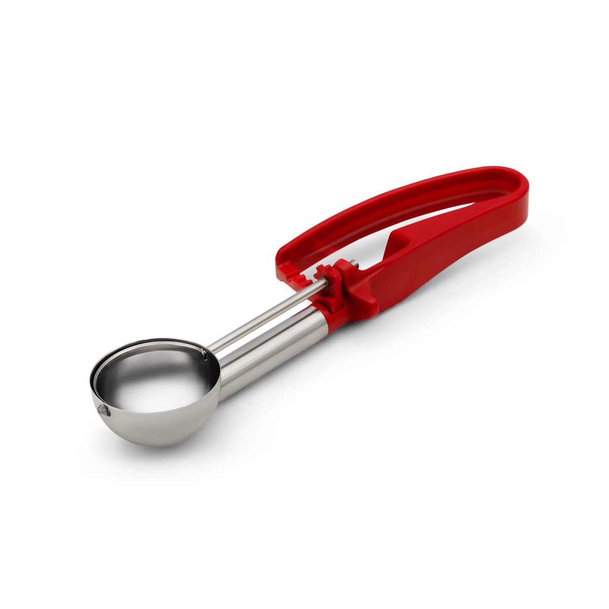 Vollrath 47376 red squeeze-handle disher with stainless steel scoop, front angle view