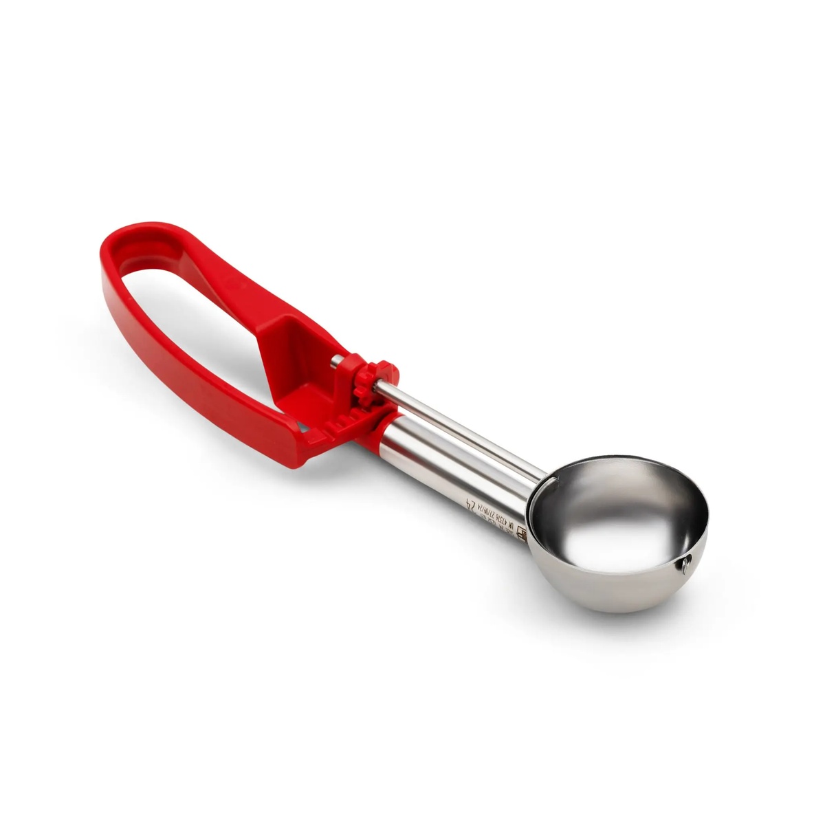 Vollrath 47376 red squeeze disher showing capacity markings on stainless steel shaft and scoop bowl