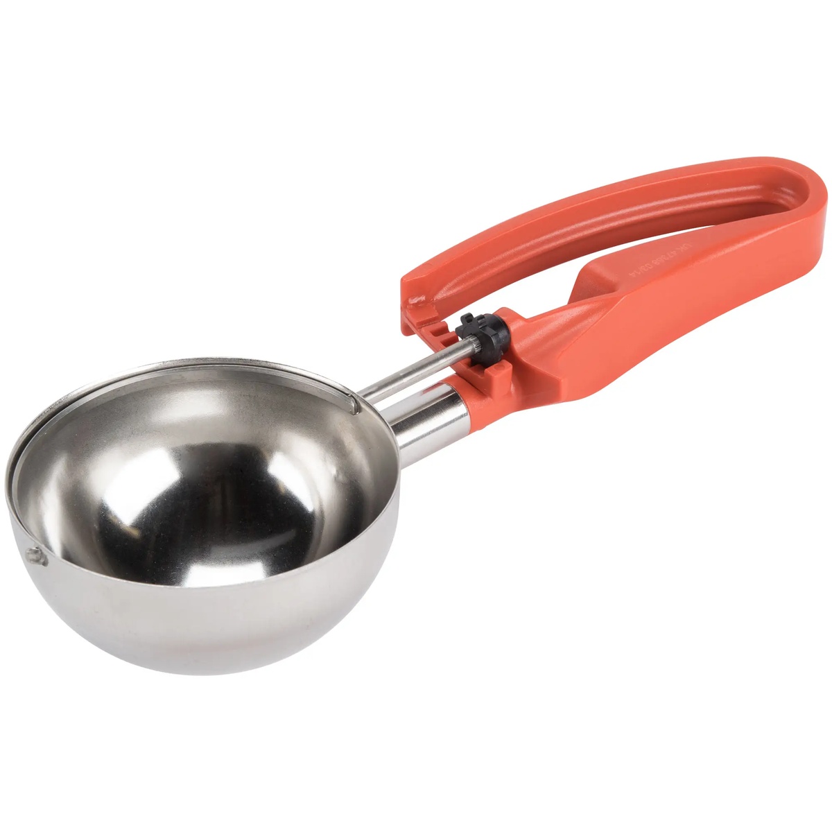 Vollrath 47388 orange squeeze handle disher with stainless steel bowl, side profile view