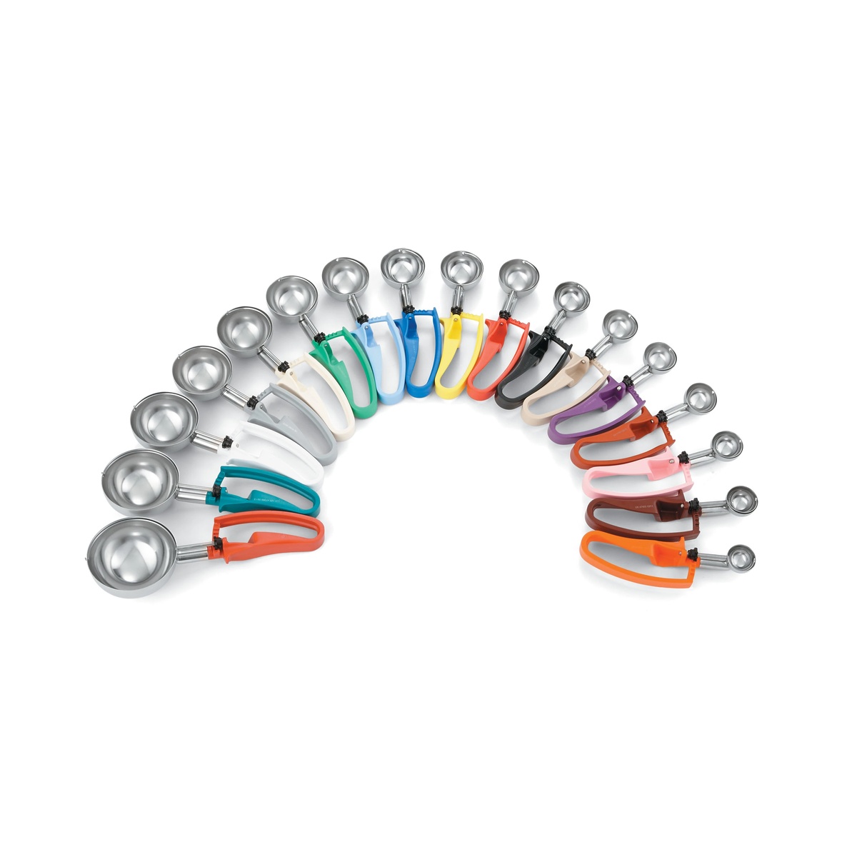 Full color-coded Vollrath squeeze disher lineup showing multiple handle colors and bowl sizes