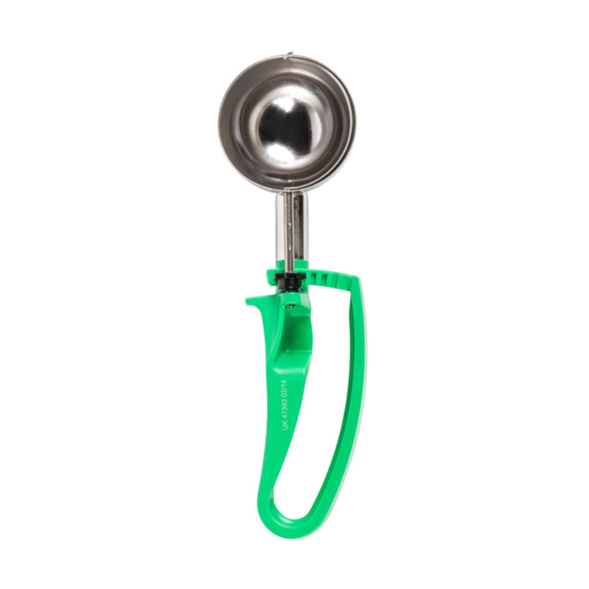 Top view of Vollrath 47393 disher showing stainless steel bowl and green squeeze handle with model number imprint