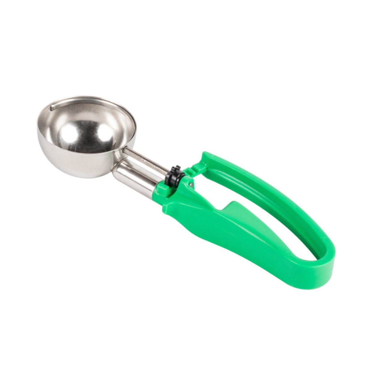 Close-up of Vollrath 47393 disher showing stainless steel bowl and green squeeze handle