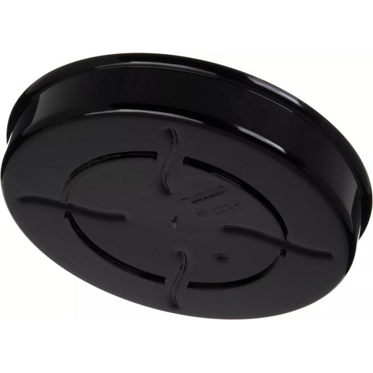 Bottom view of black tortilla server lid showing interlocking base design and molded ribs