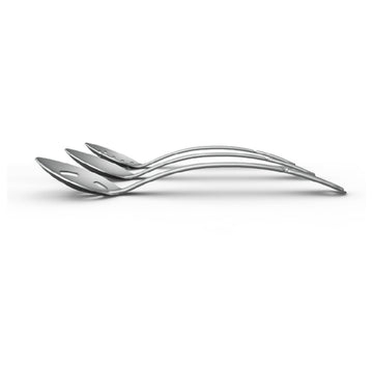 Side profile view of three Browne USA Foodservice stainless steel basting spoons showing curved handle and slender profile