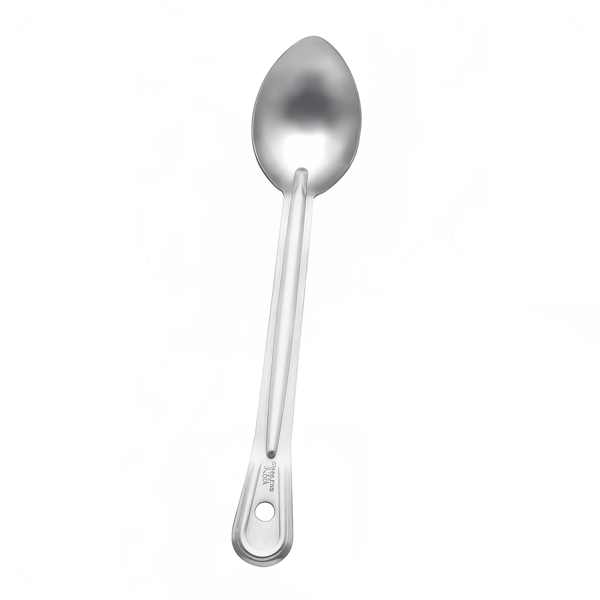 Browne 4770 15-inch solid stainless steel serving spoon, vertical view showing grooved handle and solid bowl