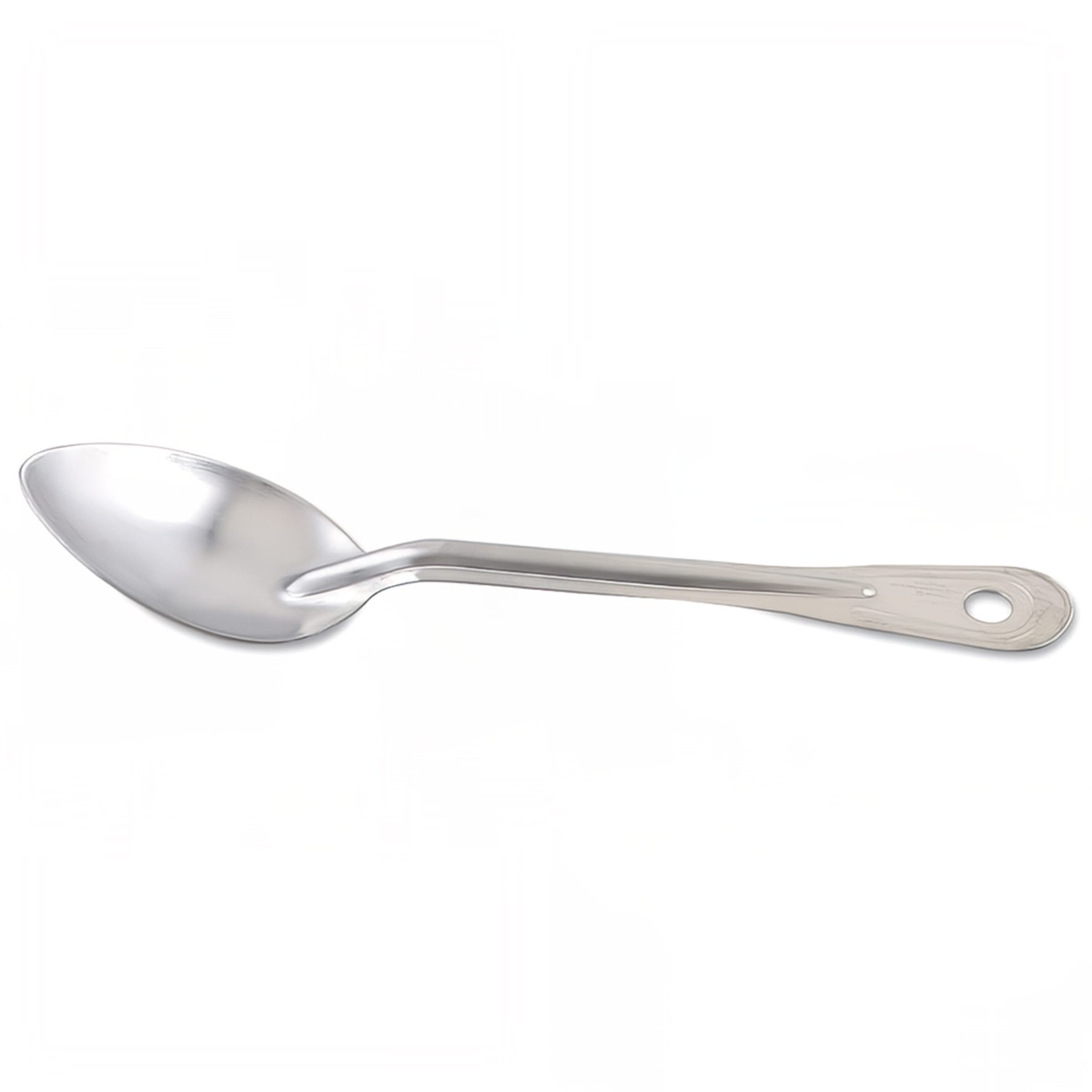 Browne 4770 solid stainless steel serving spoon, horizontal side-angle view highlighting full length and bowl profile
