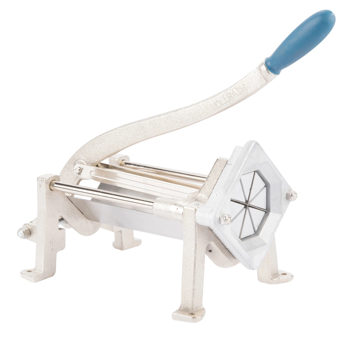 Vollrath 47703 8-section wedge-cut potato cutter with blue handle and white cast-iron frame