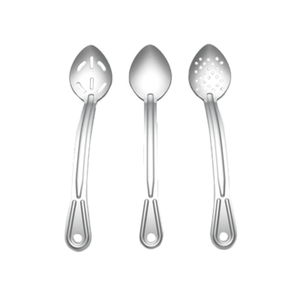 Browne USA Foodservice 4775 Renaissance Basting Spoon in stainless steel satin finish, showing slotted, solid, and perforated variations