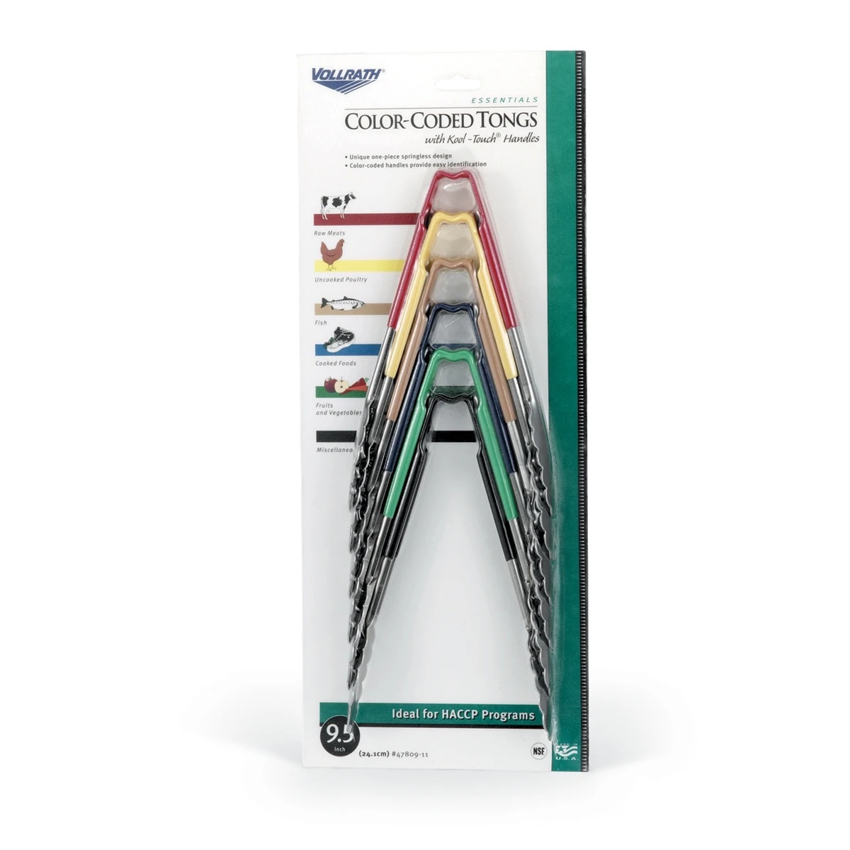 Vollrath 4780911 multi-pack color-coded utility tongs with Kool-Touch handles in retail packaging, six colors fanned out